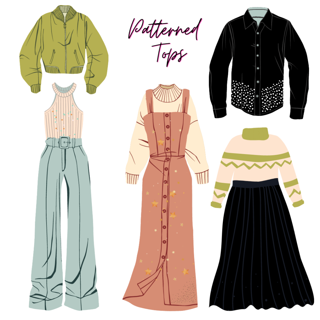 Digital art of a winter capsule wardrobe with patterned tops and solid color bottoms.