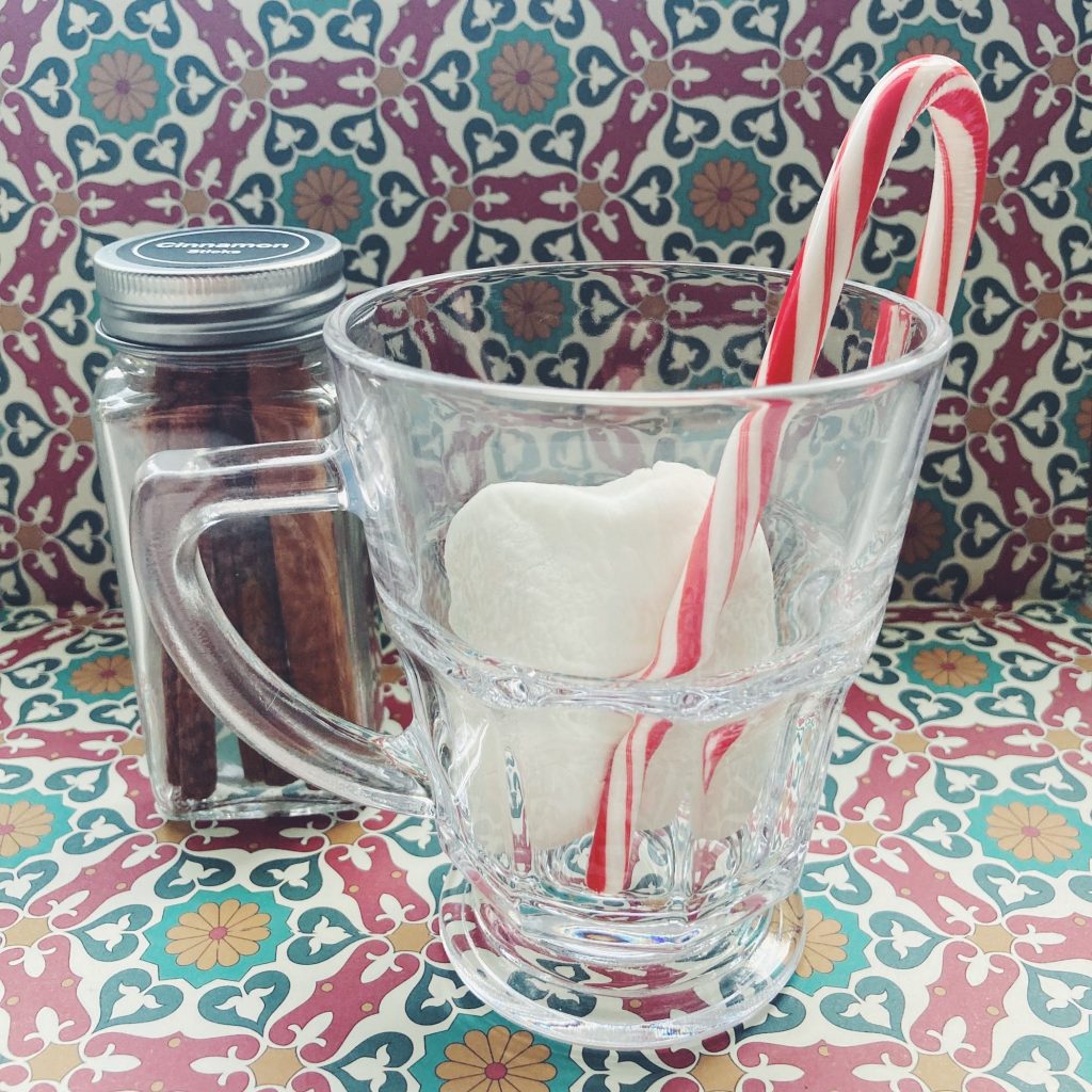 Glass mug with a marshmallow and candy cane inside next to a spice jar filled with cinnamon sticks.
