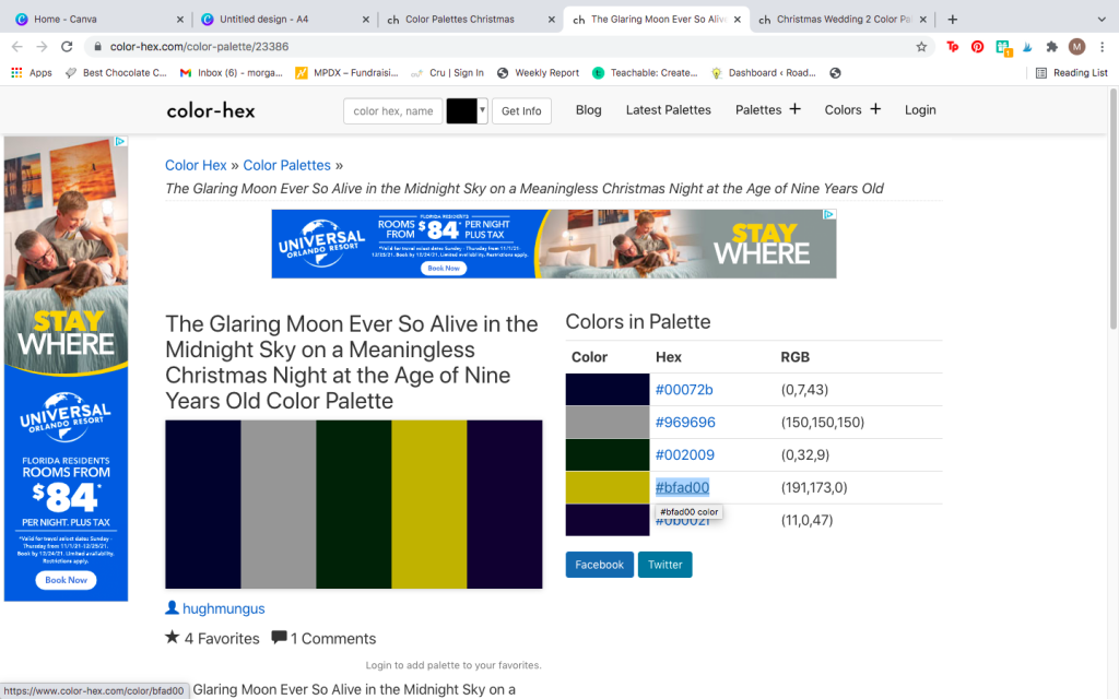 Screenshot of christmas color palettes on a hex code website
