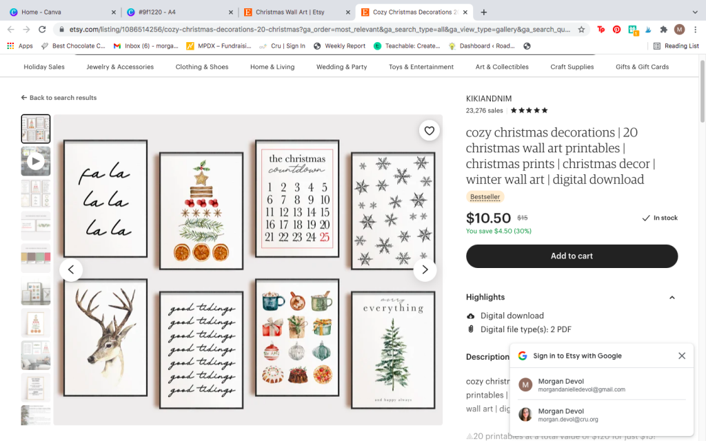 Screen shot of an etsy search for Christmas wall art prints