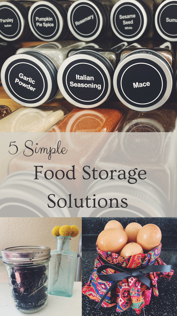 Pinnable image with photos of organized food storage with the title "5 Simple Food Storage Solutions"